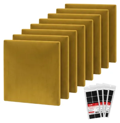 Produktbild von Wandpolster-Set STEGU 8 Stück Quadrat 30x30 cm Velours Klettband Kopfteil Gelb