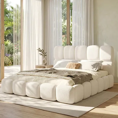 Produktbild von Flieks Polsterbett 160x200cm mit gepolstertem Kopfteil, Jugendbett Doppelbett mit Lattenrost, Klassisches Bett Holzbett Bouclé, Weiß