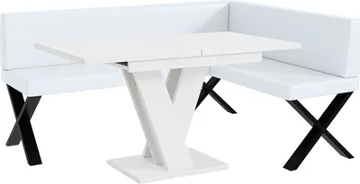 Produktbild von MEBLINI Eckbank für Esszimmer mit ausziehbarem Tisch  - Küchenbank - Essecke - Sitzecke Küche - TONI - X-Beine 128x168x87cm Rechts - Weiß Kunstleder/M Weiß Matt