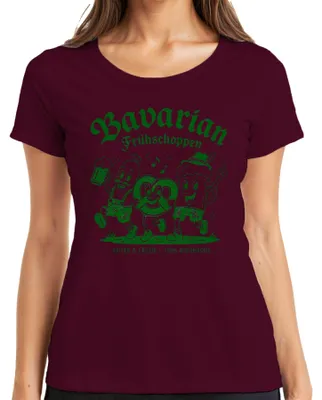 Immagine prodotto di Maglietta da donna a tema bavarese, con scritta "Frühschoppen", "Weißwurst", "Brezel", "Bier", "Lederhose", "Dirndl", "Wiesn", colore bordeaux, taglia XXL