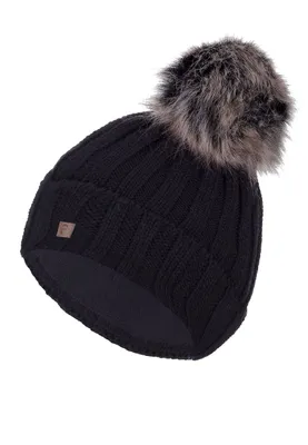 Produktbild von Faera Gerippte Beanie Fleecefutter Kunstfellbommel Winter One Size