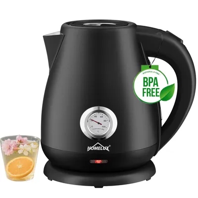 Produktbild von HOMELUX 1,7L Wasserkocher Edelstahl 2200W Retro Wasserkocher Elektrischer mit Analogem Thermometer & sichtbarer Wasserstand, LED-Beleuchtung, Schwarz