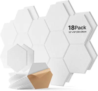 Immagine prodotto di Pannelli acustici esagonali, autoadesivi, confezione da 18 pezzi, colore bianco, dimensioni 30 x 26 x 0,9 cm, decorazione per pareti