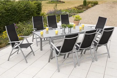 Immagine prodotto di Set di mobili da giardino Merxx "Carrara" 9 pezzi con tavolo allungabile 160/220 x 90 cm - struttura in alluminio argento con rivestimento in tessuto nero