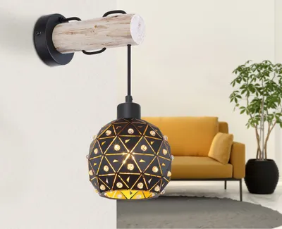 Produktbild von GLOBO Wandleuchte Holz Balken Wandlampe Innen Schwarz Gold Kristalle 54029W