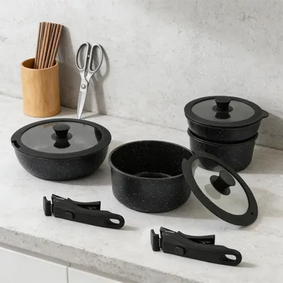 Produktbild von Kochgeschirrset 15-teilig mit abnehmbarem Griff, Induktionsgeeignet, 18 cm, 20 cm, 26 cm, antihaftbeschichtet, Aluminiumguss, ofenfest, schwarz, Bratpfanne, Milchtopf, mit Glasdeckel