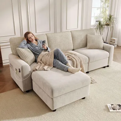 Immagine prodotto di Merax Divano moderno a 3 posti, divano ad angolo a L con poggiapiedi, divano in ciniglia, porta USB Type-C, con cuscini, divano grande da salotto, beige