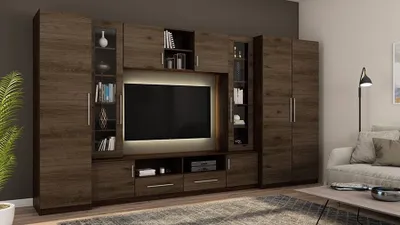 Produktbild von Meblast | Neptun Wohnwand; Dunkles Sonoma / Okapi Nussbaum - Premium Beschläge | Möbel, Eleganz, Premium TV-Möbel, Große Anbauwand, Schrankwand, Wohnzimmer-Set, Sonoma Eiche