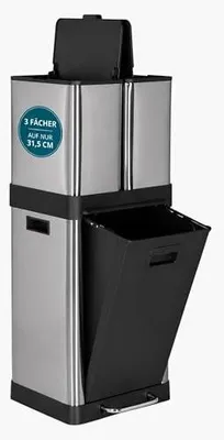 Imagen del producto de Cubo de basura CLEAN 3 – Sistema de separación de residuos con 3 compartimentos, 2 de 6 litros y 1 de 20 litros, tapa con cierre suave, cubo de basura de acero inoxidable para interiores, color plateado