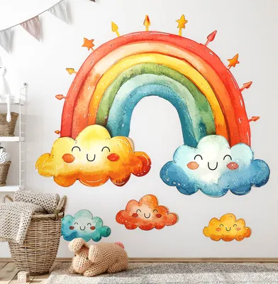 Produktbild von Bunter Regenbogen – Wandgestaltung – Wandbilder Kinder – Motivtapeten Set – Wanddekor Kinderzimmer – Selbstklebende Wandsticker – 100x119 cm