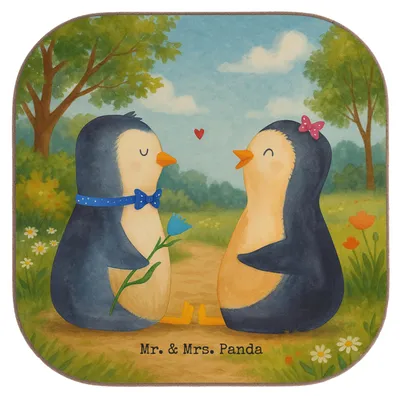 Produktbild von Mr. & Mrs. Panda Tassenuntersetzer Pinguin Pärchen Design - Weiß - Geschenk, Hochzeitstag, Holzuntersetzer, Liebe, Untersetzer für Gläser, Tasse, Tischuntersetzer