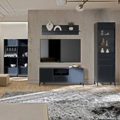 Produktbild von Wohnwand Indigo blau LAURO-161 modern mit Rillenoptik 4-teilig