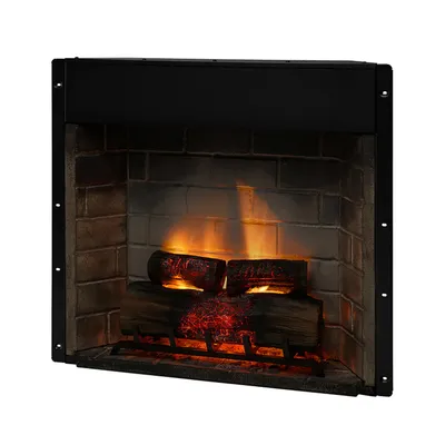 A close-up view of an electric fireplace insert with glowing logs and flames.