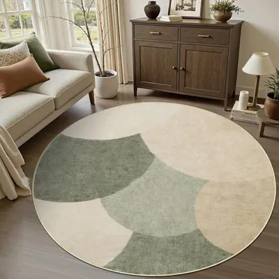 Productafbeelding van Rond vloerkleed 160 cm, groen en beige, modern patroon, korte pool, voor woonkamer