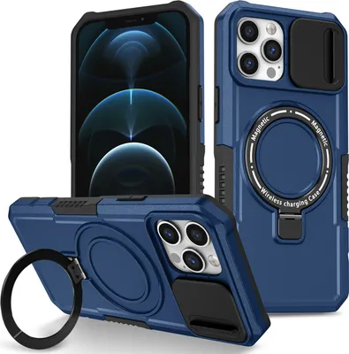 Produktbild von Handyhülle für iPhone 12 /iPhone 12 Pro Kompatibel mit MagSafe, Robuste Hülle mit Schiebe Kamera Schutz, Magnetischer Ringständer Blau
