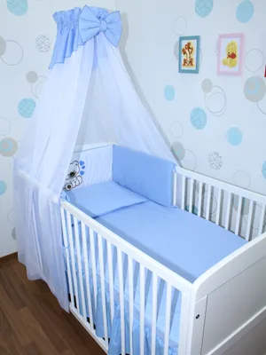 Produktbild von Primawela Baby Bettwäsche Set mit Applikation- 6 teiliges Set mit Chiffon Himmel Bettset Nestchen- 1. Bärchen mit Herzen-Blau