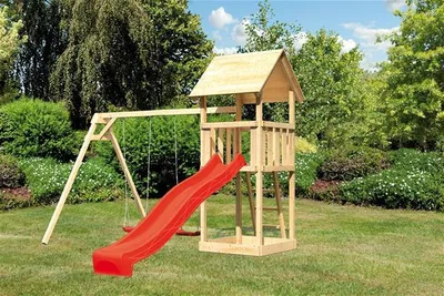 Produktbild von Spielturm AKUBI Lotti mit Sandkasten, Doppelschaukel und Rutsche rot