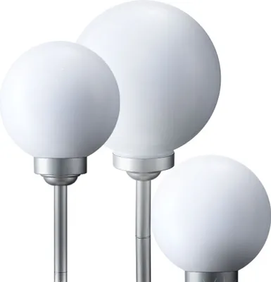 Three white globe-shaped solar lights on silver poles against a white background.
