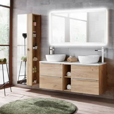 Produktbild von Badmöbelset mit 2 Keramik-Aufsatzwaschbecken und LED-Spiegel TOSKANA-56 in Wotaneiche Nb., BxHxT ca. 205/190/46cm