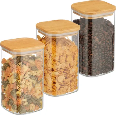 Immagine prodotto di Barattoli per alimenti Relaxdays con coperchio in bambù, set da 3, barattoli quadrati in vetro, 1200 ml, ermetici, trasparenti/naturali