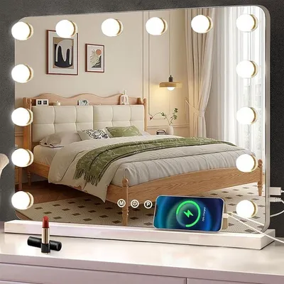 Image de Miroir de maquillage éclairé, miroir de style Hollywood avec 14 LED réglables en intensité, miroir de beauté avec 3 modes, dimensions 58 x 43 cm. Miroir de table avec USB, grossissement 10x, idéal pour une coiffeuse dans une chambre