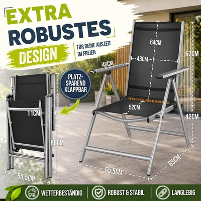 Produktbild von tillvex Gartenstuhl Premium 2 Stück Silber klappbar aus Aluminium | Hochlehner mit Armlehnen | Klappstuhl verstellbar | Klappsessel Balkon Garten Terrasse