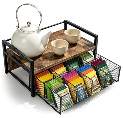 Image de Boîte à thé en bois avec tiroir et 8 compartiments