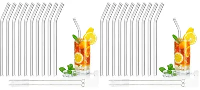 Zdjęcie produktu dla Słomki szklane, 10 sztuk, zakrzywione, 20 cm, z 2 szczotkami do czyszczenia, wykonane ze szkła borosilikatowego, wielokrotnego użytku