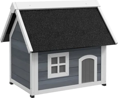 Produktbild von Fortuna Lai Katzenhaus, Katzenhöhle aus Holz, mit aufklappbar Asphaltdach, Wetterfest Katzenhütte mit Fenster, 3 Türen, 77 x 57,5 x 68 cm, Grau