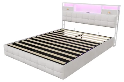 Immagine prodotto di Letto imbottito - Letto matrimoniale - 160 x 200 cm - Con spazio contenitore - Testiera imbottita - Rivestimento in tessuto - Beige