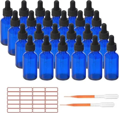 Produktbild von 24 Stück Blaue Glas-Tröpferflaschen für ätherische Öle - Leckfreie Pipettenflaschen und Tinkturflaschen