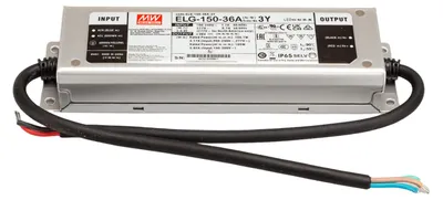 Imagen del producto de MEANWELL ELG-150-36A-3Y, fuente de alimentación AC-DC para instalaciones LED, carcasa metálica, IP65, 150W, 36V, 4,17A, salida de voltaje constante (CV) y corriente constante (CC) con conexión a tierra (PE)