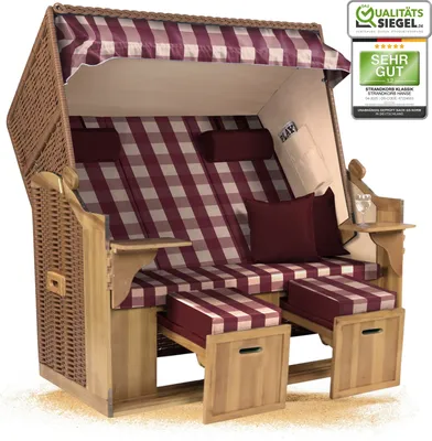 Produktbild von Strandkorb Ostsee 2,5-Sitzer 150cm breit in Beige Rot Kariert Montiert ideal für Balkon, Terrasse oder Garten