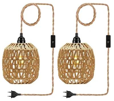 Produktbild von Keltorio 2 Stück E27 Vintage Hängelampe mit Stecker, Retro Pendelleuchte mit 4,5M Kabel und Hanfseil Lampenschirm, Fassung Lampenkabel mit Schalter für Schlafzimmer Foyer Balkon, Ohne Birne