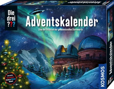 The image shows the packaging of a board game or advent calendar with a wintery, astronomical theme.