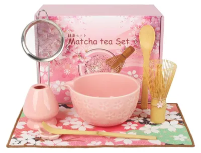 Produktbild von Matcha Set Rosa 8-teilig mit Bambus Besen Keramik Schale Sieb