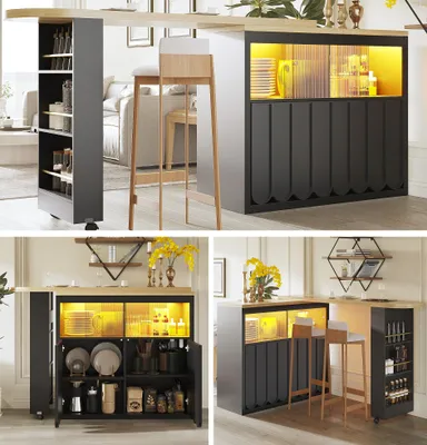 Produktbild von Ausziehbarer Bartisch 135-205x39x100cm – teleskopisch mit LED, Hochtisch & Kücheninsel, minimalistische Streifentüren, Bar-Tisch mit Schrank, Schwarz