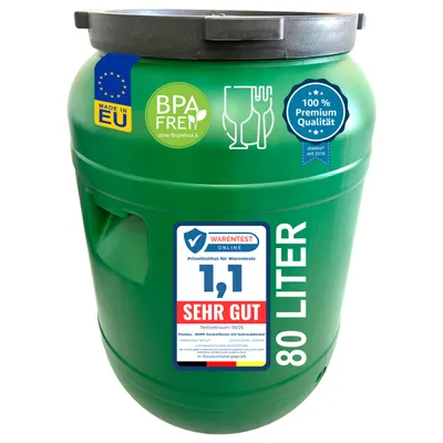 Produktbild von plasteo Weithalsfass 80 L Deckelfass lebensmittelecht – stabiles HDPE Universalfass mit Schraubverschluss, für Futter, Lagerung und Transport, grün