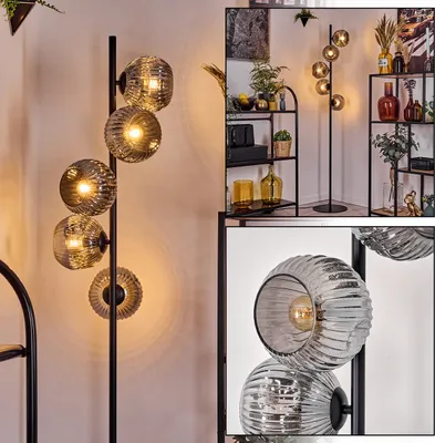 Produktbild von Villamare Stehlampe aus Metall/Riffelglas, Schwarz/Rauch, Retro/Vintage-Design