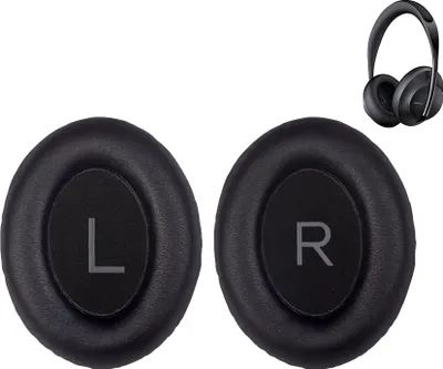 Two black ear pads for headphones, one marked 'L' and the other 'R', are shown in the foreground. A pair of black headphones is visible in the upper right corner.