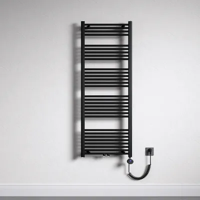 A black electric towel radiator mounted on a textured white wall.