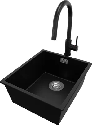 Produktbild von PRIMAGRAN Unterbauspüle Granit Schwarz 41x47cm, Spülbecken 1 Becken + Küchenarmatur 40x20cm + Ablauf-Set, Granitspüle ab 45er Unterschrank - London