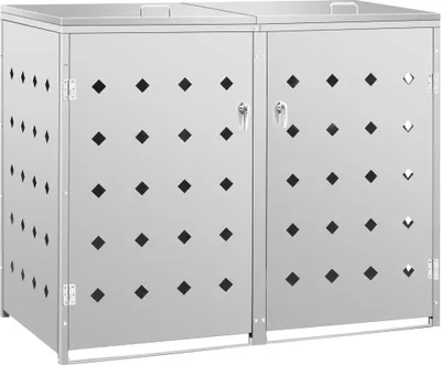 A stainless steel bin enclosure for two 240-liter trash cans.