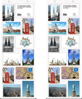 A collage of travel-themed postcards and images, featuring famous landmarks and cityscapes.