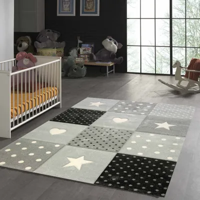 Produktbild von Kinderzimmer Teppich Herz Stern creme schwarz grau Größe - 160 x 230 cm