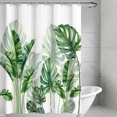 Produktbild von Duschvorhang 120 x 200 cm, grüne Blätter und Pflanzen, wasserabweisend, schimmelresistent, Polyester, beschwerter Saum, waschbar, mit 12 Ringen für Badewanne und Badezimmer