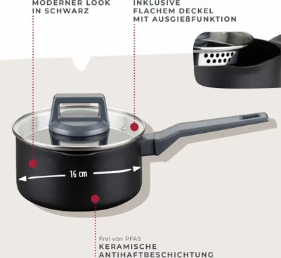 A black saucepan with a glass lid and a grey handle is shown with descriptive text and an inset image highlighting a feature.