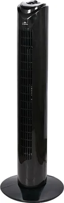 A black tower fan standing on a black circular base against a white background.