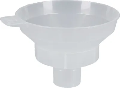 A white plastic funnel is shown against a white background.