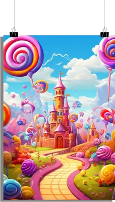 Produktbild von Schloss Poster - Lollypop Poster - Wunderland Poster - Kinderzimmer Poster - Fantasie Poster - 61x91cm - Perfekt zum Einrahmen